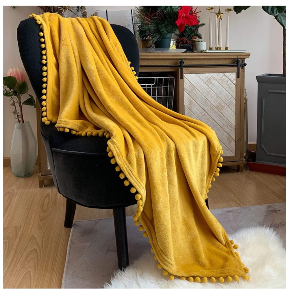 Navy Blue Pompom Fringe Chic Cozy Soft Throw Blanket/Cover - Picture 6 of 16